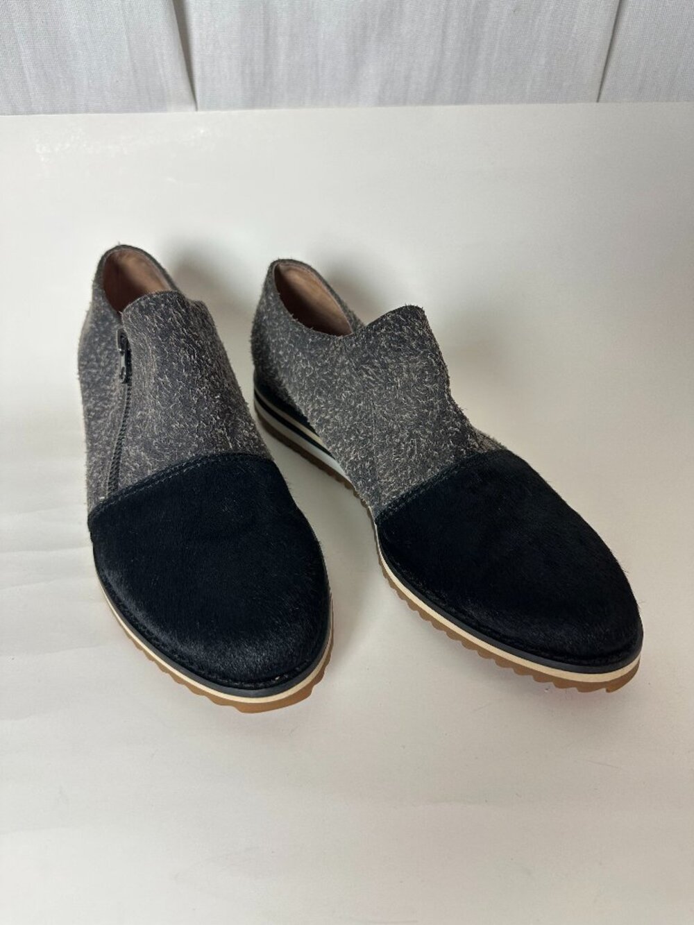 ALL BLACK Anthropologie Pony Hair Suede Side Zip Loafers Gray Black EU 40